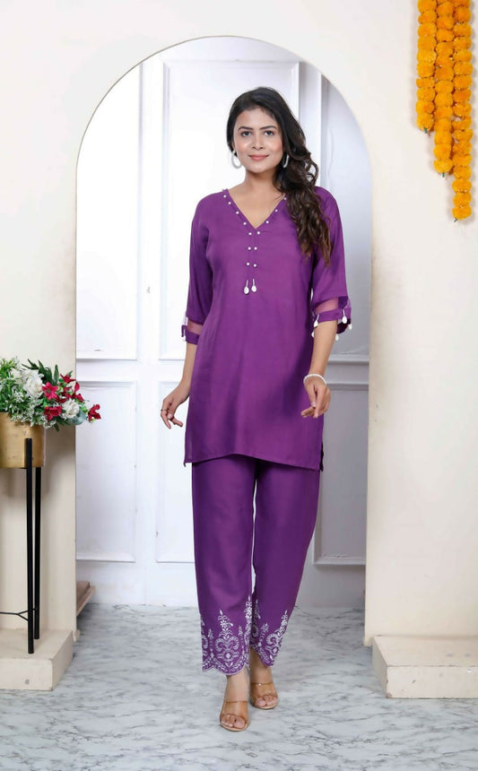 Miravan Women's Purple Solid Rayon Straight Co-Ord Set - Swadesiicart
