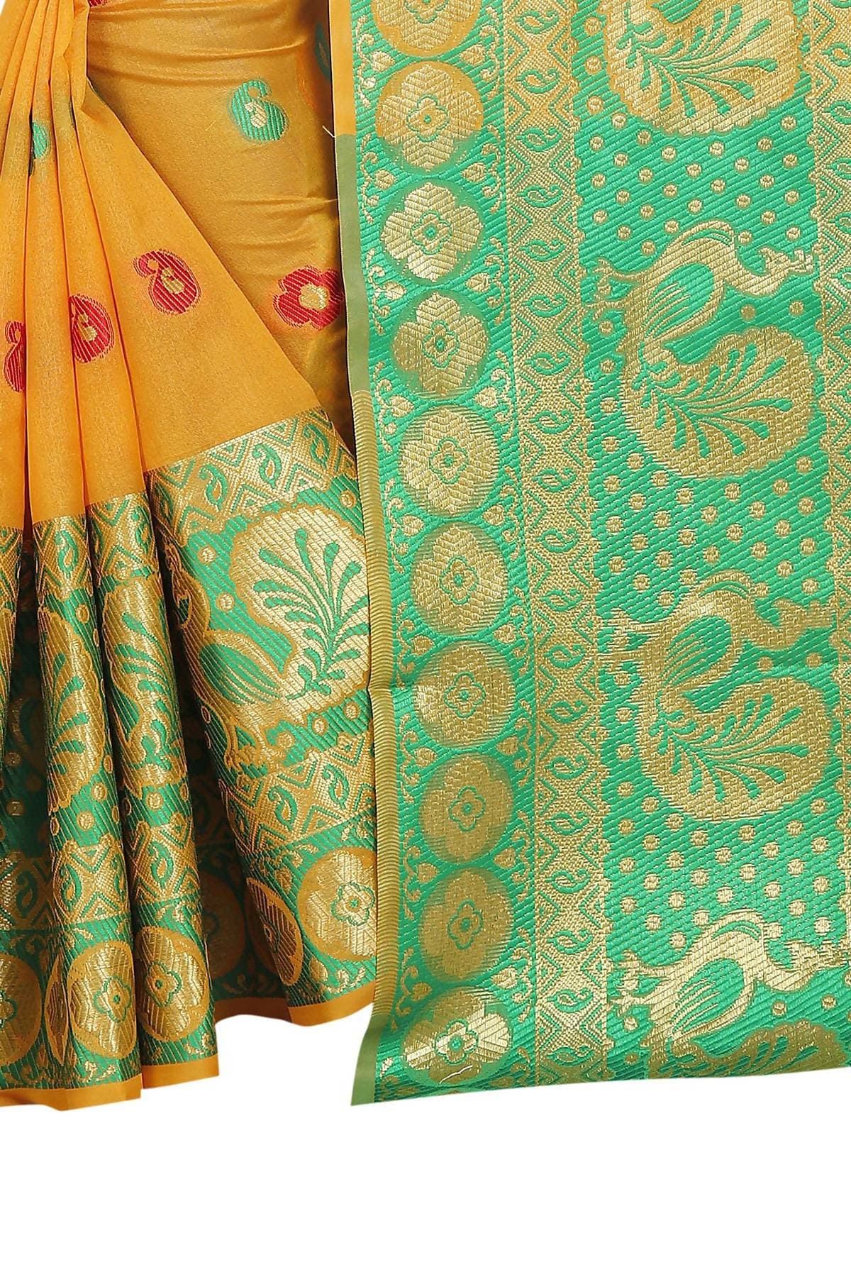 Vamika Banarasi Cotton Silk Yellow Weaving Saree | Swadesiicart
