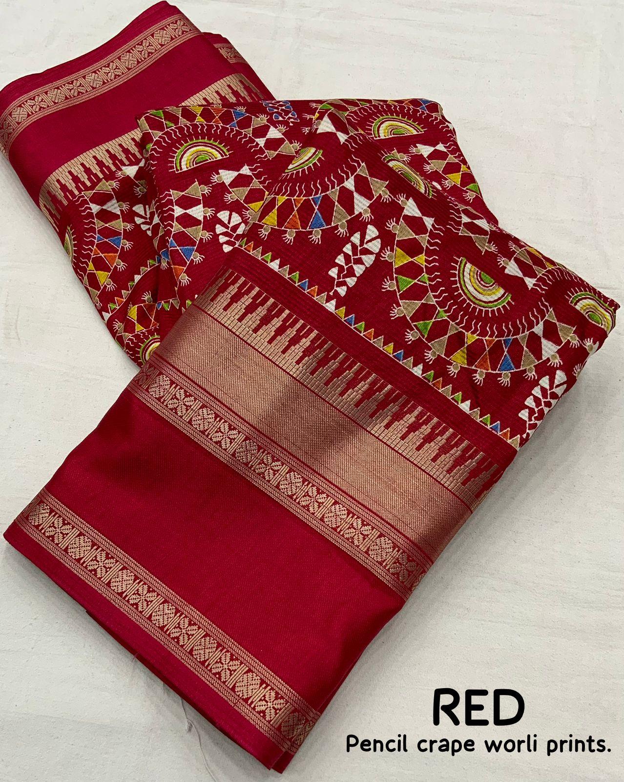 Red Cotton Blend Ethnic Motifs Saree with Unstitched Blouse - Hiral Fashion | Swadesiicart