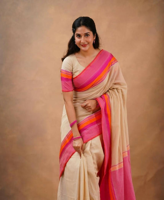 Exclusive Collection Beige Beautiful Khadi Cotton Handloom Saree - Swadesiicart