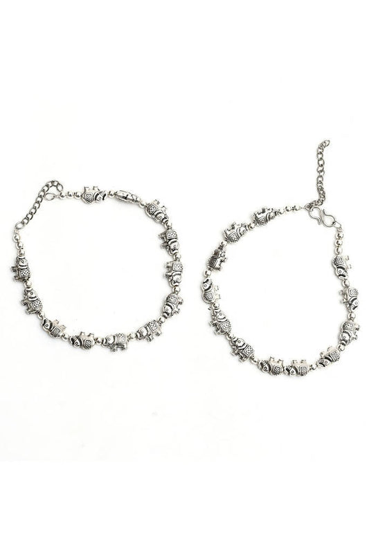 Mominos Fashion Kamal Johar Oxidised Elephant Design Silver Anklets | Swadesiicart