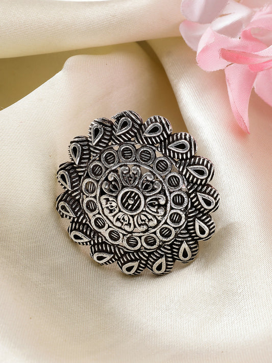 NVR Women's Silver-Toned Floral Shape Adjustable Finger Ring | Swadesiicart
