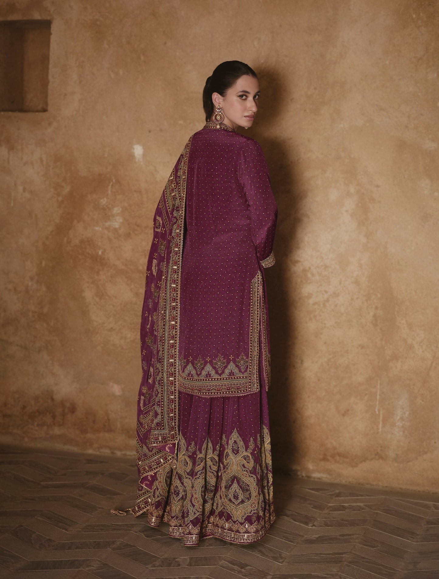 Anaita Purple Silk Readymade Palazzo Suit with Swarovski Work