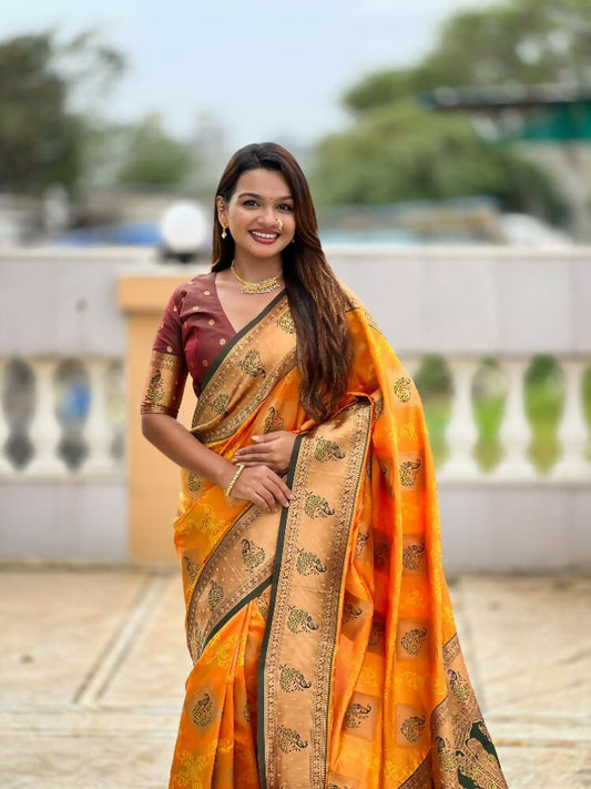 PR Fashion Mustard Orange Soft Banarasi Silk With Zari Weaving Meenakari Design Saree | Swadesiicart