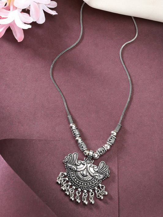 NVR Women's Silver-Toned Peacock Design Pendant with Chain | Swadesiicart