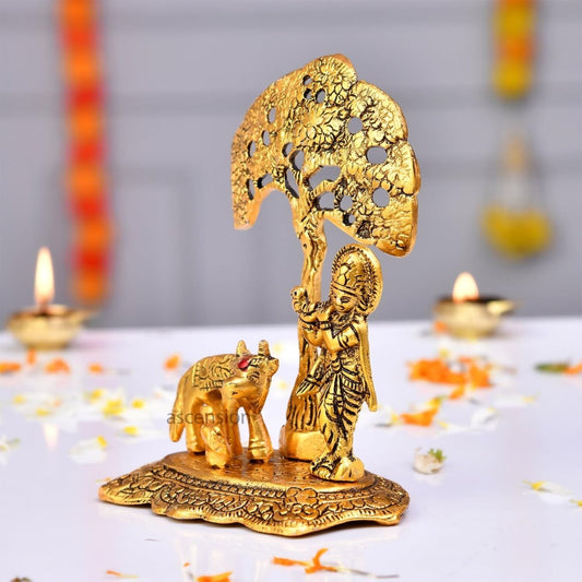 Ascension Designer Metal Cow Calf and Krishna Idol - Swadesiicart
