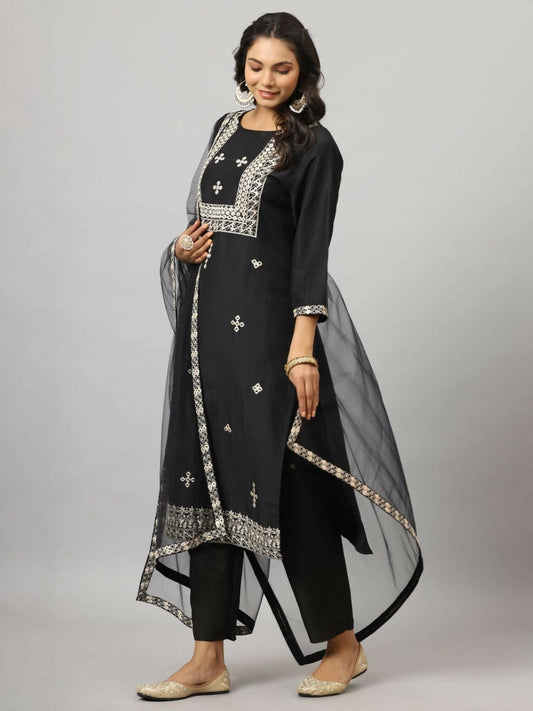 Juniper Women's Black Chinnon Solid Embroidered Kurta Set | Swadesiicart