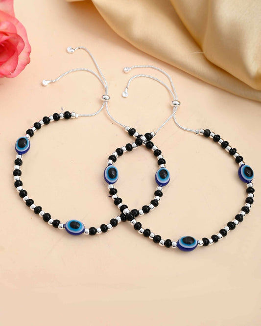 VOJ Set of 2 Silver Plated Evil Eye With Black And Silver Beads Anklet - Swadesiicart