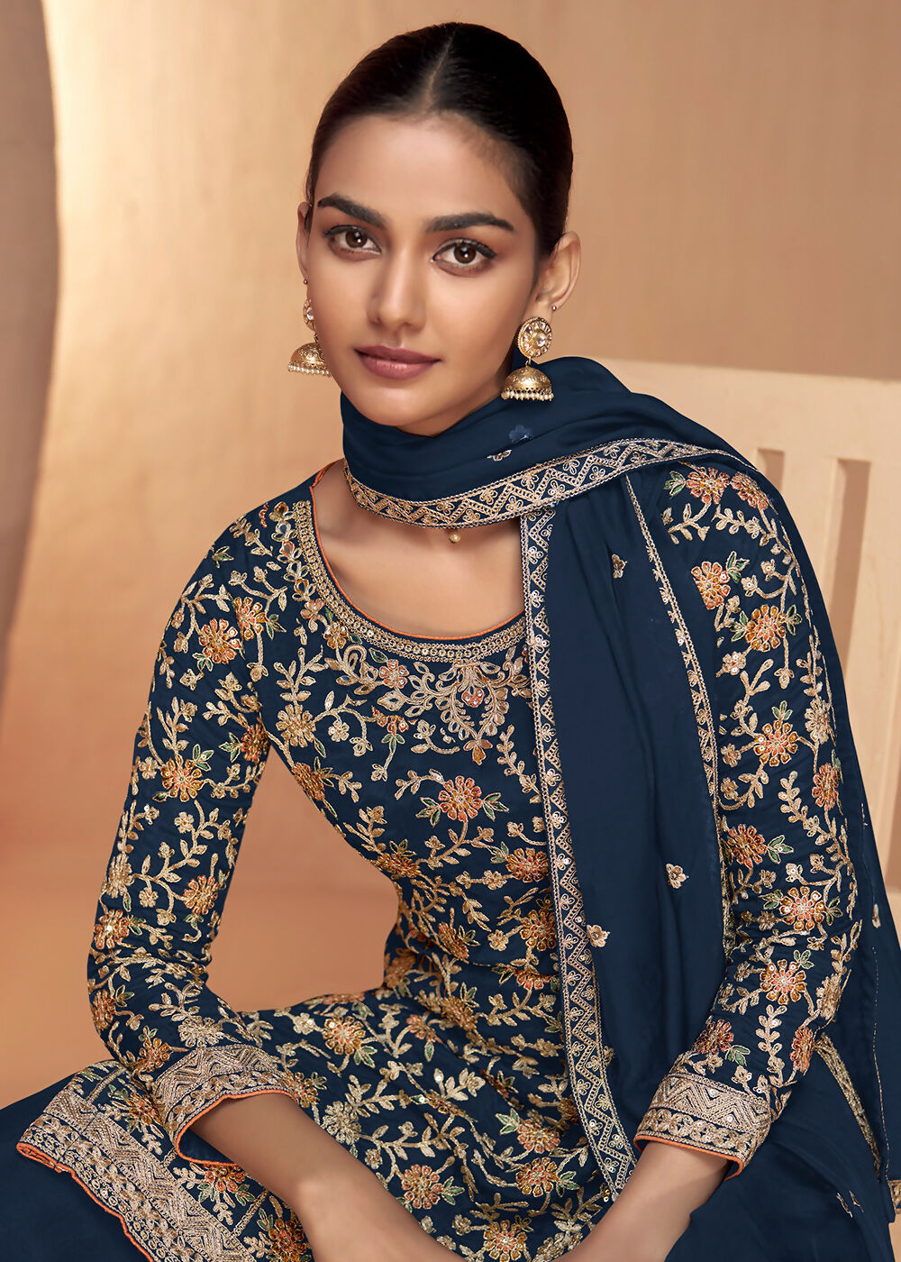 Blue Real Chinnon Embroidered Wedding Festive Palazzo Suit - Emponline | Swadesiicart