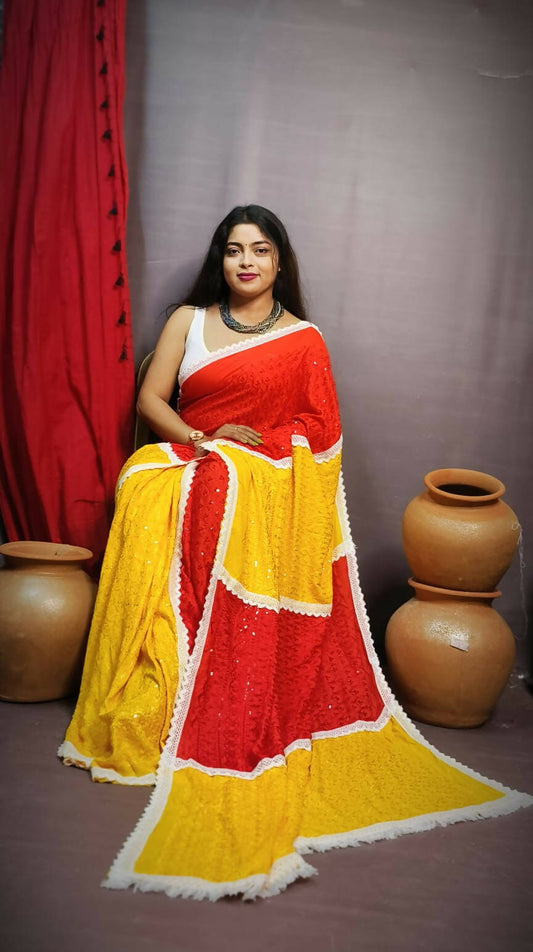 Exclusive Collection Chikankari Sequence Saree - Yellow & Red - Swadesiicart