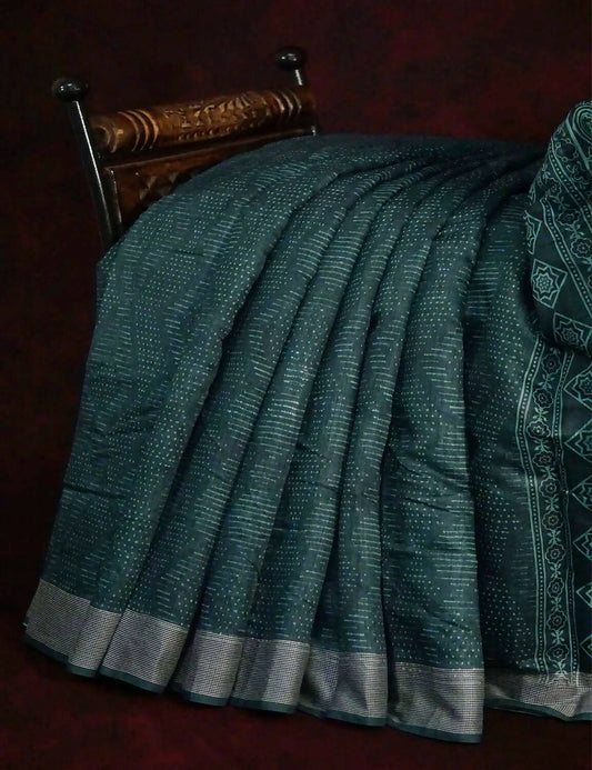 Bottle Green Self Printed Semi Chanderi Saree By Gayathri Reddy Designer Studio | Swadesiicart