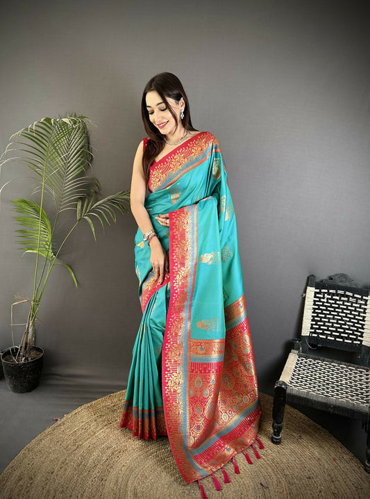 Joban Fashion Aqua Green Banarasi Soft Silk Peacock Butta Work Saree | Swadesiicart