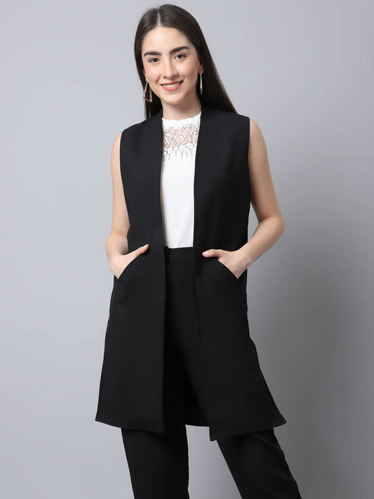 Even Apparels Black Polywool Open Front Women's Long Coat PW668 | Swadesiicart