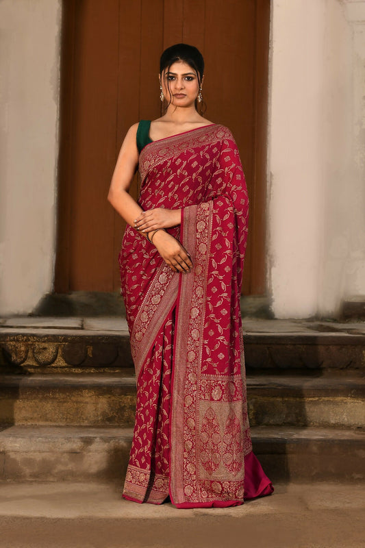 Joban Fashion Hot Pink Crepe Chiffon Banarasi Pure Handloom Banarasi Silk Saree | Swadesiicart