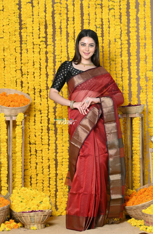Very Much Indian Rajsi - Handloom Ari Checks Cotton Silk Saree With Golden Border - Maroon | Swadesiicart