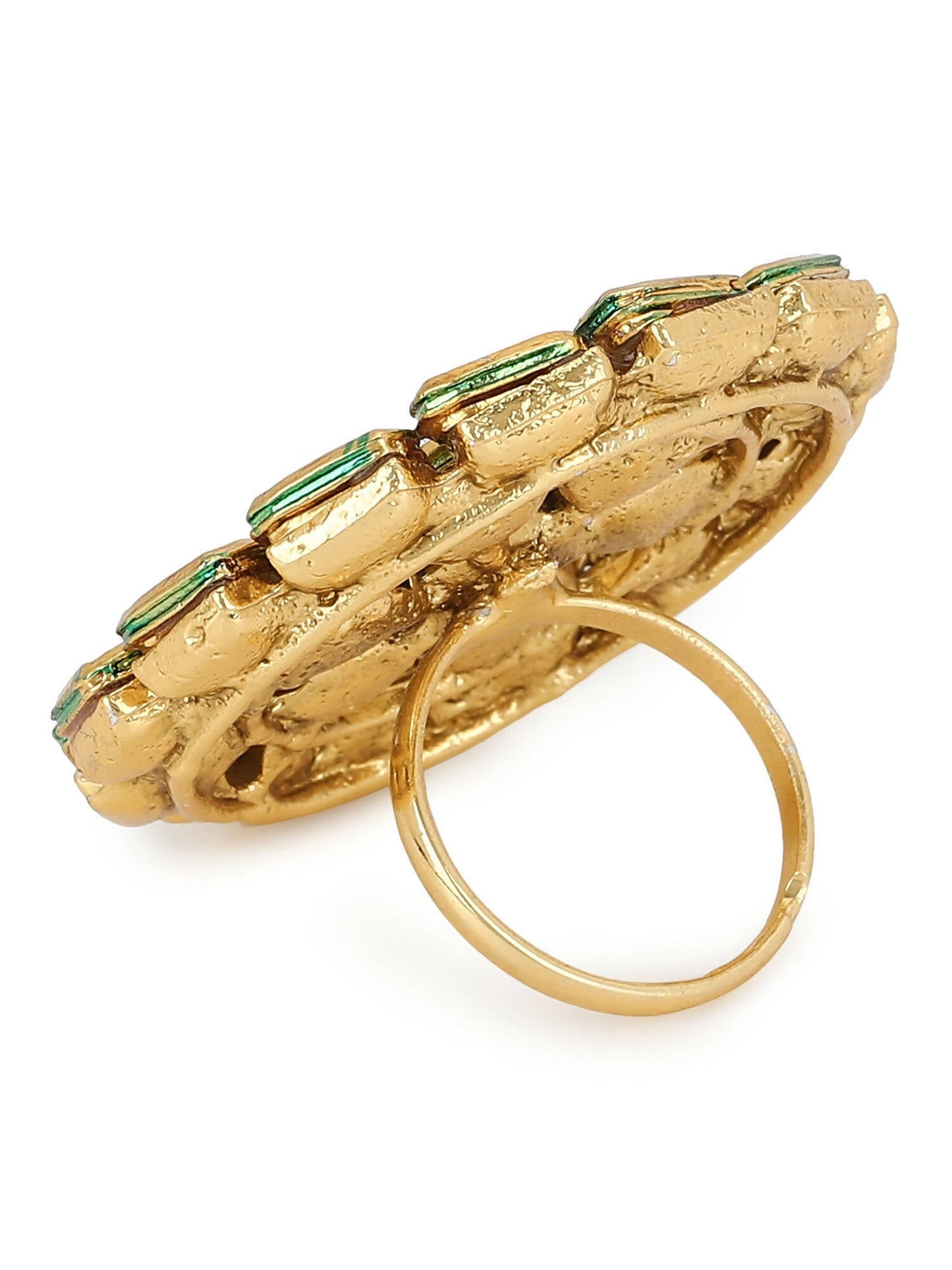 Gold-Polished White Kundan Studded Adjustable Finger Ring - Ruby Raang | Swadesiicart