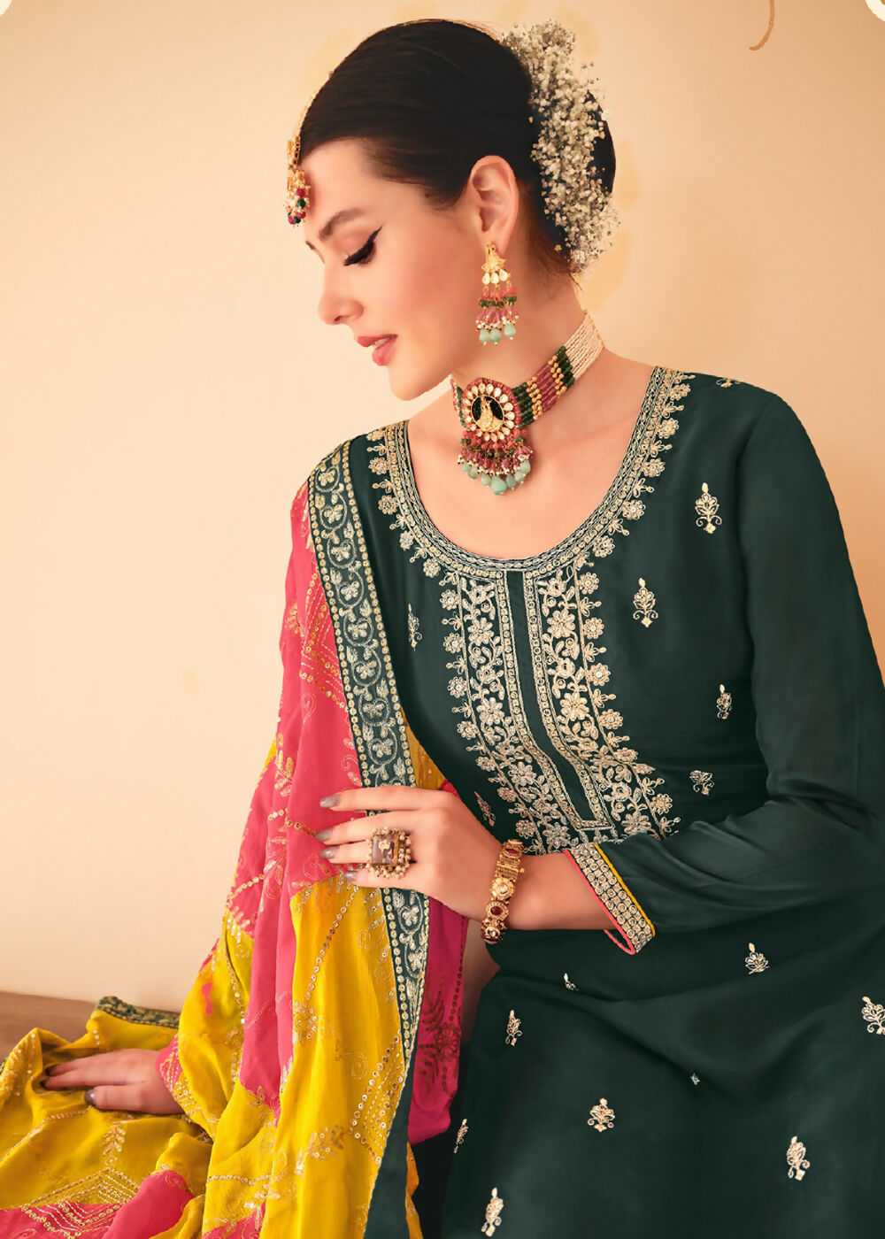 Dazzling Green Embroidered Chinnon Palazzo Salwar Kurta - Emponline | Swadesiicart