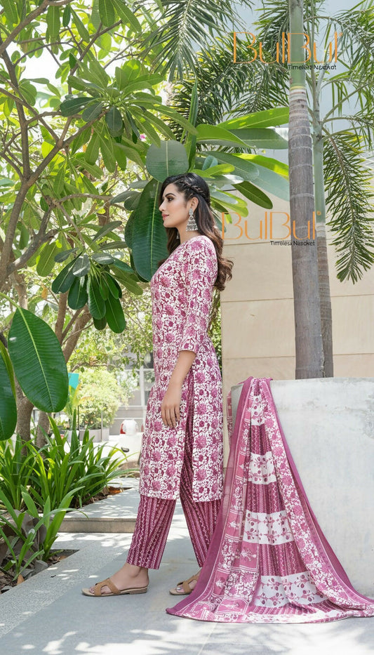 BulBul Fashionista Wine Cotton Kurta Set with Dupatta - Swadesiicart