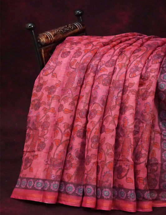Combination Of Tomato Pink And Rust Mix With Kalamkari Design Semi Chanderi Saree By Gayathri Reddy Designer Studio | Swadesiicart