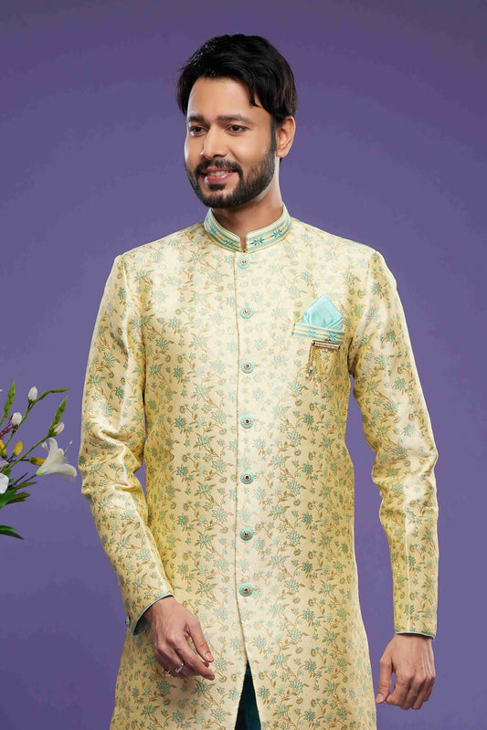 Raivat Ethnic Banarasi Jacquard Embroidery Semi Indo Western Sherwani In Gold Colour | Swadesiicart