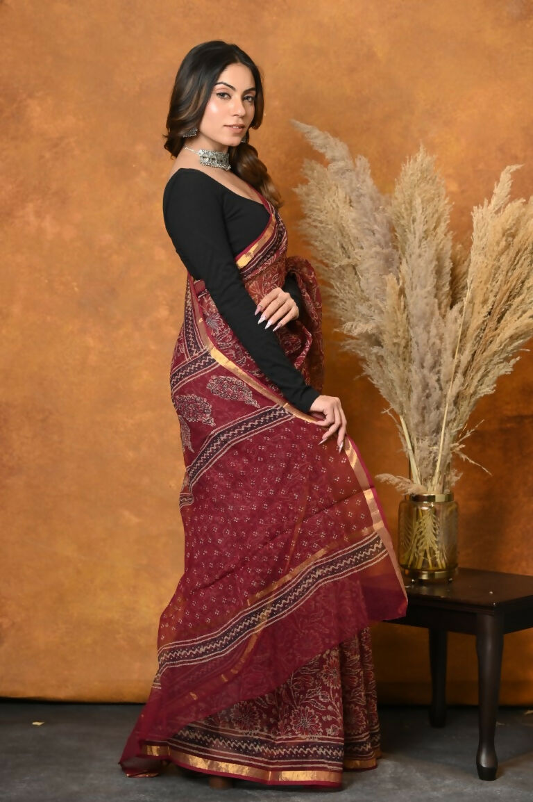 Very Much Indian Pure Kota Cotton Handblock Printed Saree - Red | Swadesiicart