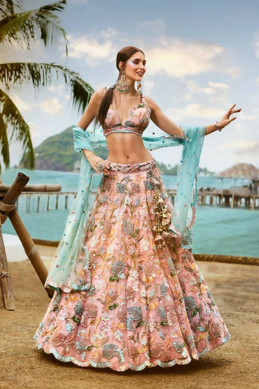 House of Panchhi Pink Net Sequins And Zarkan Embroidery Lehenga Choli & Dupatta | Swadesiicart