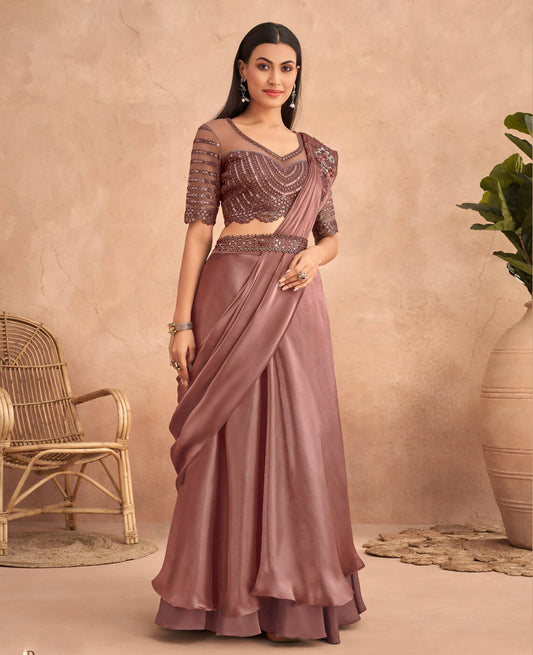 Dark Mauve Satin Embroidered Ready To Wear Saree With Unstitched Blouse Piece - Nandika | Swadesiicart