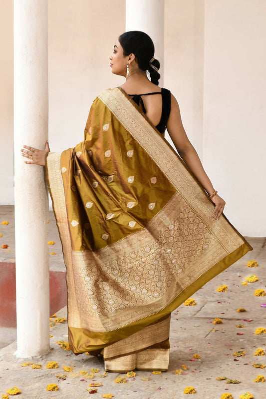 Joban Fashion Olive Pure Katan Pure Handloom Banarasi Silk Saree | Swadesiicart