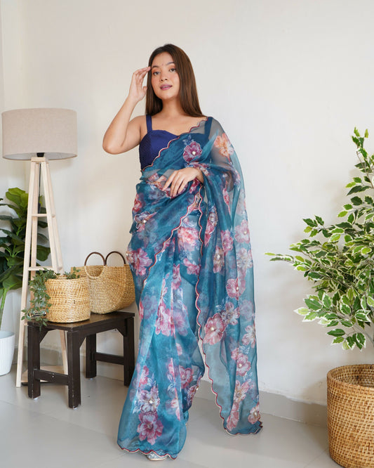 Vamsee Ramya Blue Organza Saree - Swadesiicart