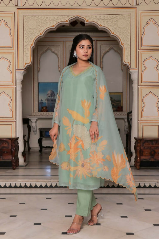 Vaasva Women Teal Green Tabby Slik Print & Embroidered Kurta, Pant & Dupatta set | Swadesiicart