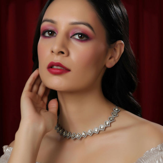 Silver Kundan and American Diamond Neckpiece (Silver) - Ruby Raang | Swadesiicart