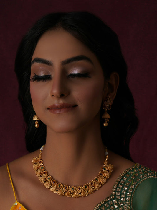 Temple Choker with Matching Jhumki Jewellery Set (Gold) - Ruby Raang - Ruby Raang Studio