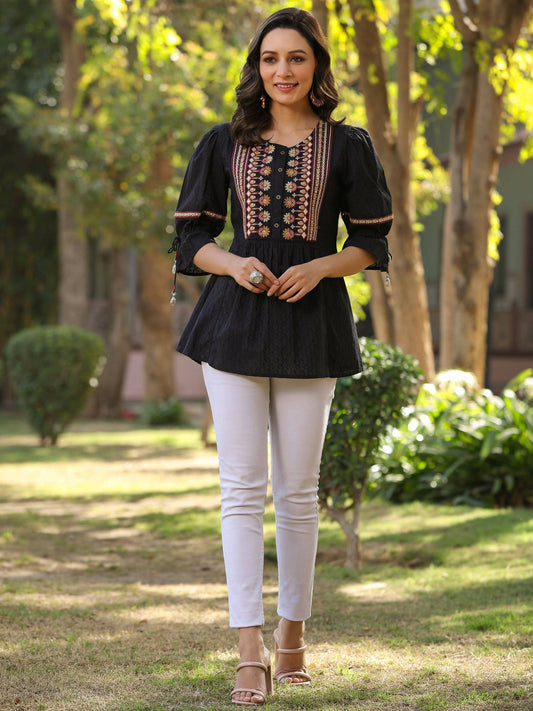Juniper Women's Black Cotton Solid With Embroidered Straight Tunic | Swadesiicart
