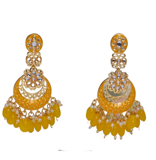 Gold-Polished Kundan & Pearl Dangle Women Yellow Meenakari Chandbali Earrings By House of Ree - House of Ree