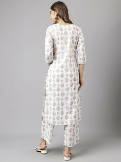 FIORRA Women's White Cotton A-Line Kurta Palazzo Set - Swadesiicart