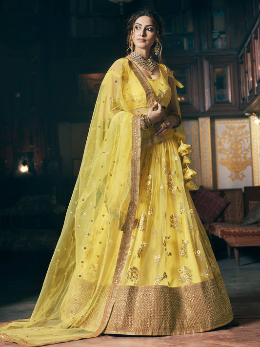 Wedding Designer Sequene Zari Resham Embroidery Yellow Net Lahengha Choli - Anbazaar | Swadesiicart