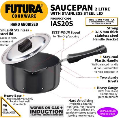Hawkins Hard Anodised Sauce Pan 18 cm Diameter with Lid 2 L (IAS20S) - Swadesiicart