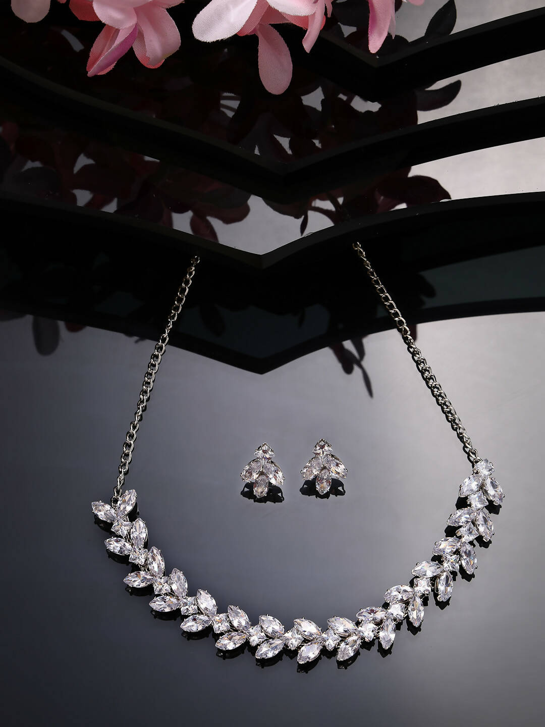 NVR Women Silver-Plated American Diamond Jewellery Set Necklace & Earrings | Swadesiicart
