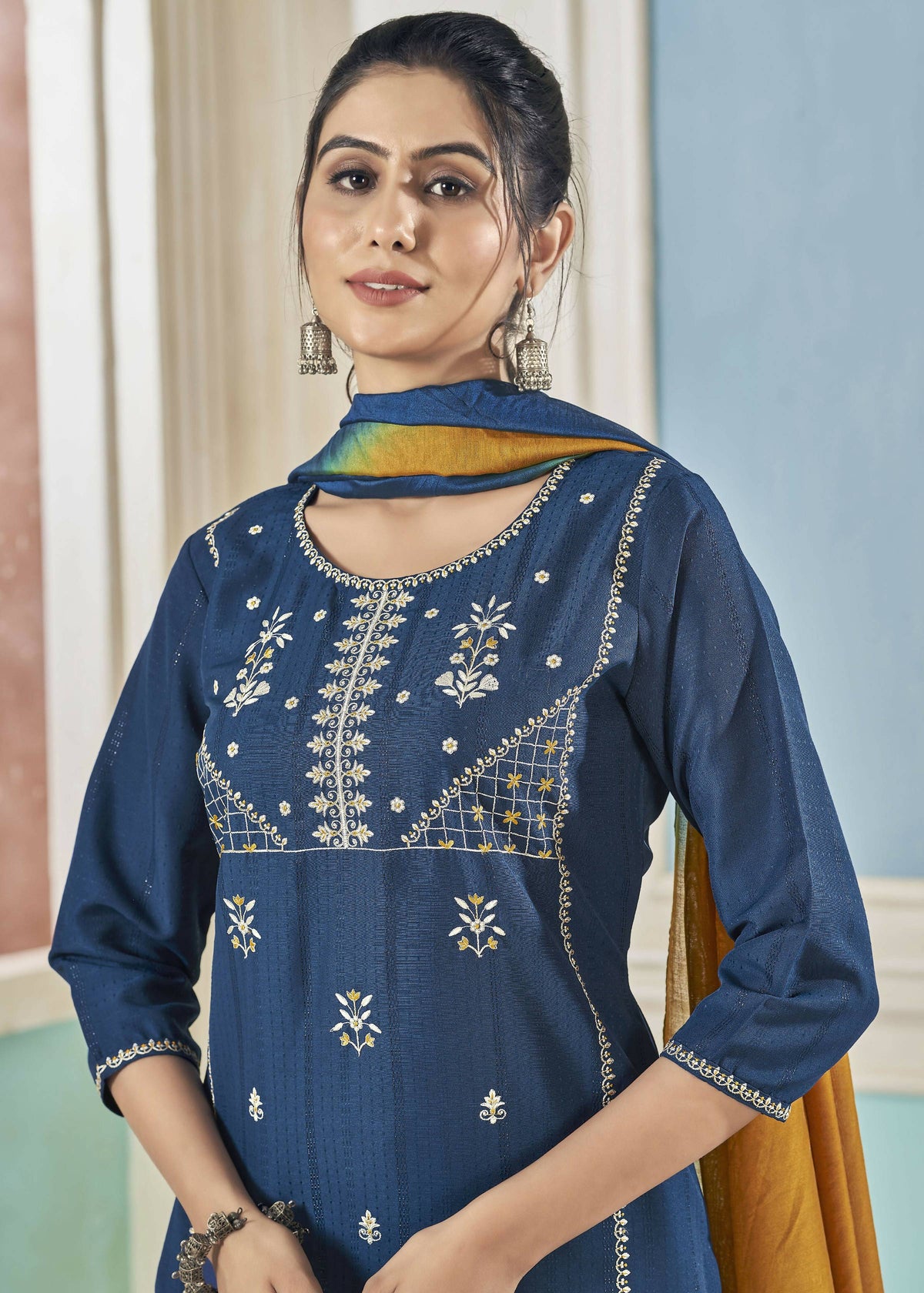 Jyoti Fashion Women's Morpich Pure Viscose Weaving Stripe with Embroidery Kurta Set