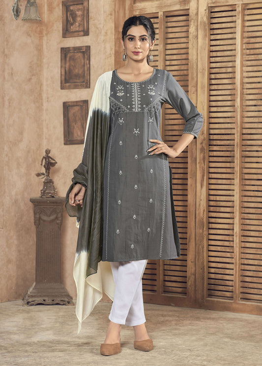 Jyoti Fashion Women's Grey Pure Viscose Weaving Stripe with Embroidery Kurta Set