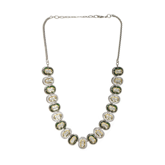 Mufli (peanut) Kundan Neckpiece with Meenakari and American Diamonds (Silver) - Ruby Raang