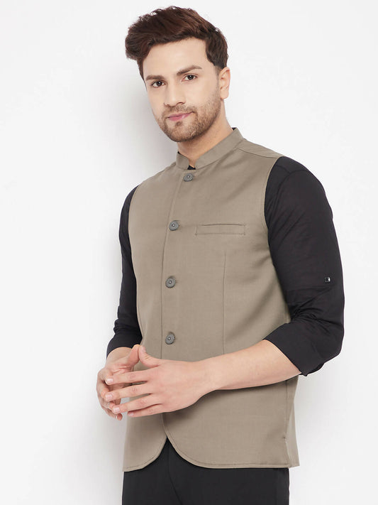 Even Apparels Beige Merino Men Woven Nehru Jacket | Swadesiicart