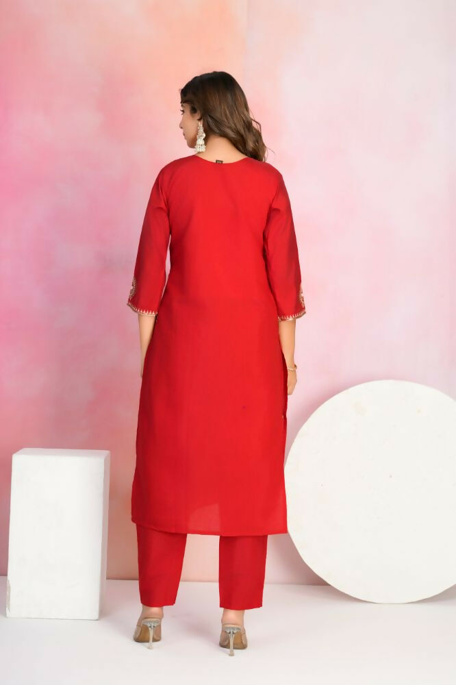 Ethnic Festive Wear Viscose Chanderi Red Stitched Suit With Dupatta - Tanisha | Swadesiicart