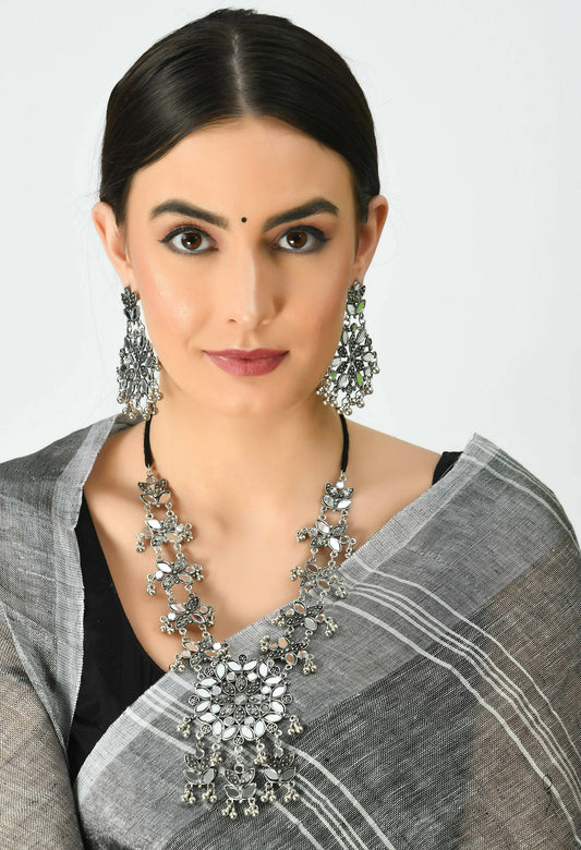 Mominos Fashion Johar Kamal Oxidised Silver-Plated Mirror Work Long Necklace Set - Swadesiicart