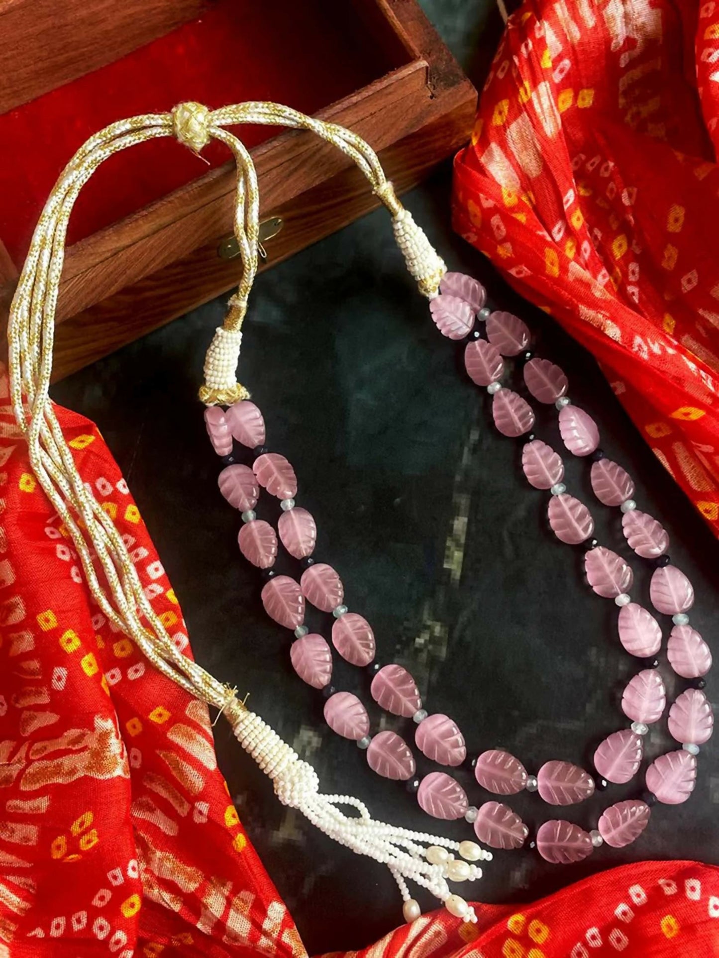 Joban Fashion Onion Pink Stone Semi Precious Carving Stone Partywear Double Layer Mala | Swadesiicart
