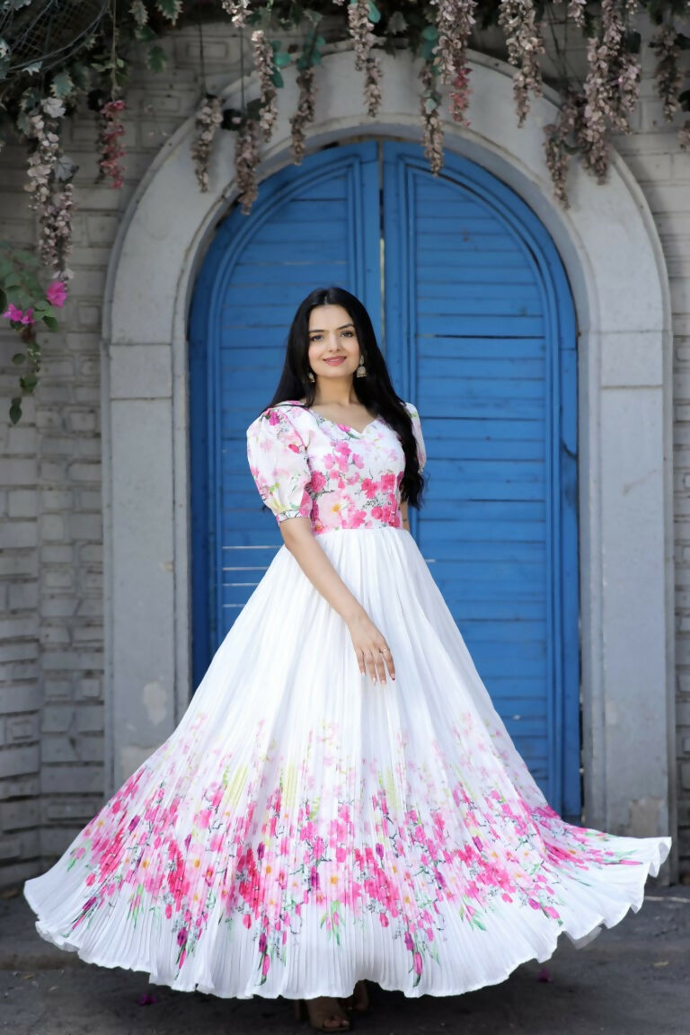 Jyoti Fashion Women's White Floral Digital Printed Chinon Anarkali Dress | Swadesiicart
