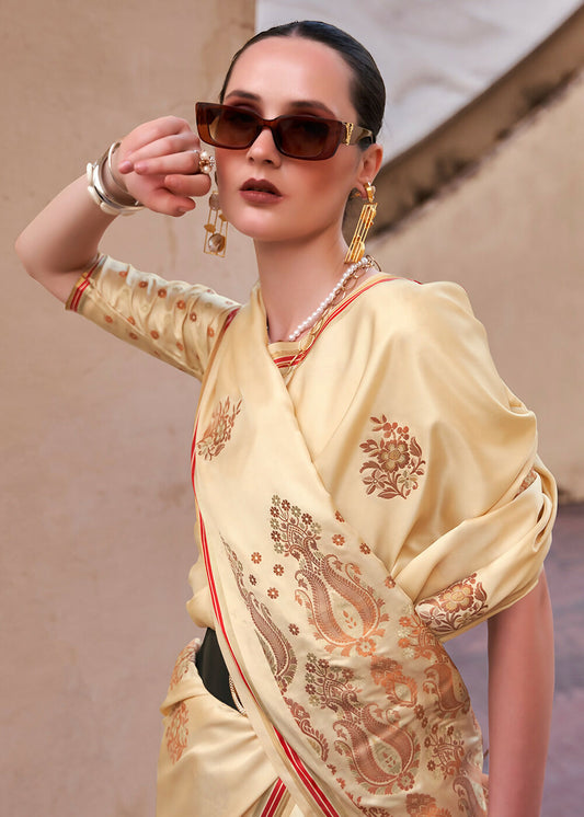 Buttermilk Beige Pure Satin Zari Weaving Wedding Festive Saree - Emponline | Swadesiicart