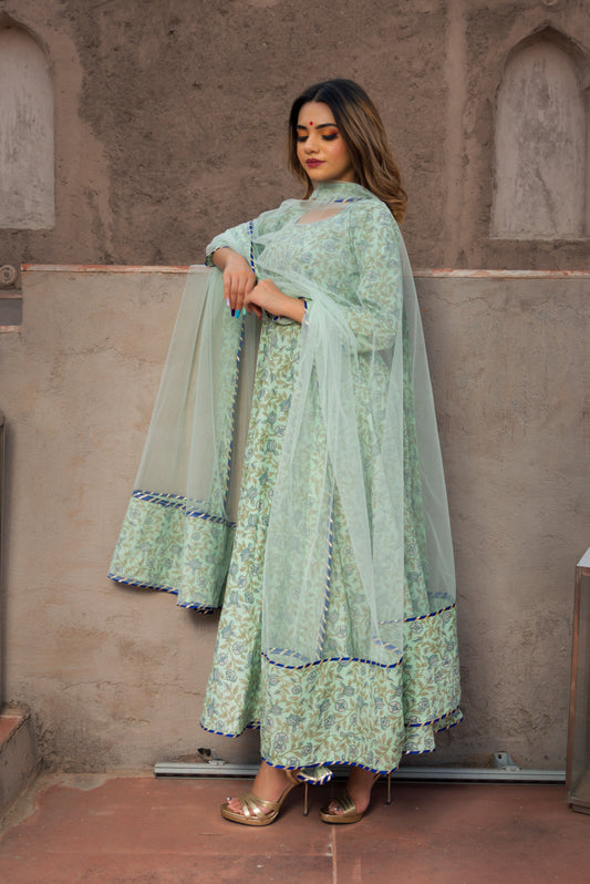 Pomcha Jaipur Aqua Green Hand Block Print Anarkali Set | Swadesiicart