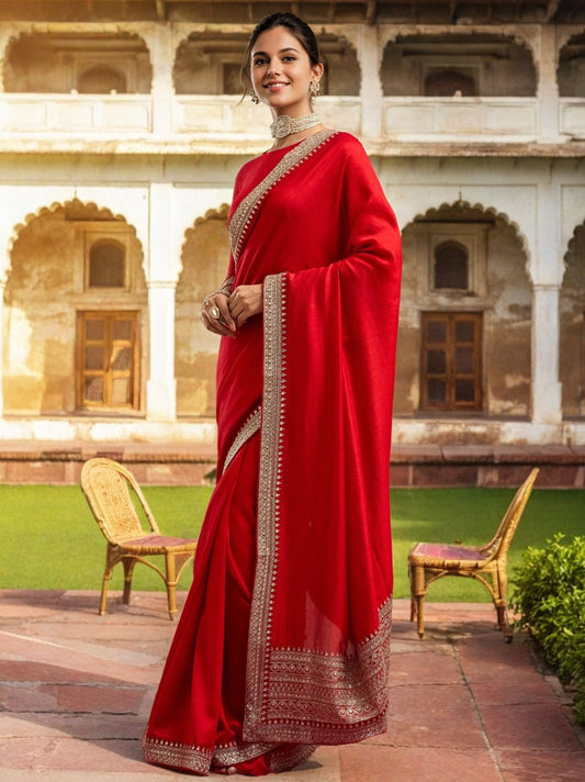 Lorenvalley Fashion Red Vichitra Silk with Sequence coding Work Saree with Blouse - Swadesiicart