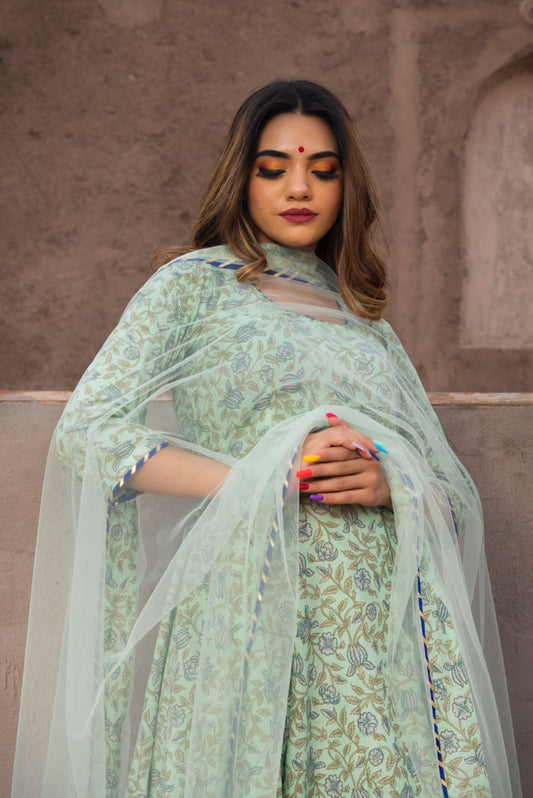 Pomcha Jaipur Aqua Green Hand Block Print Anarkali Set | Swadesiicart
